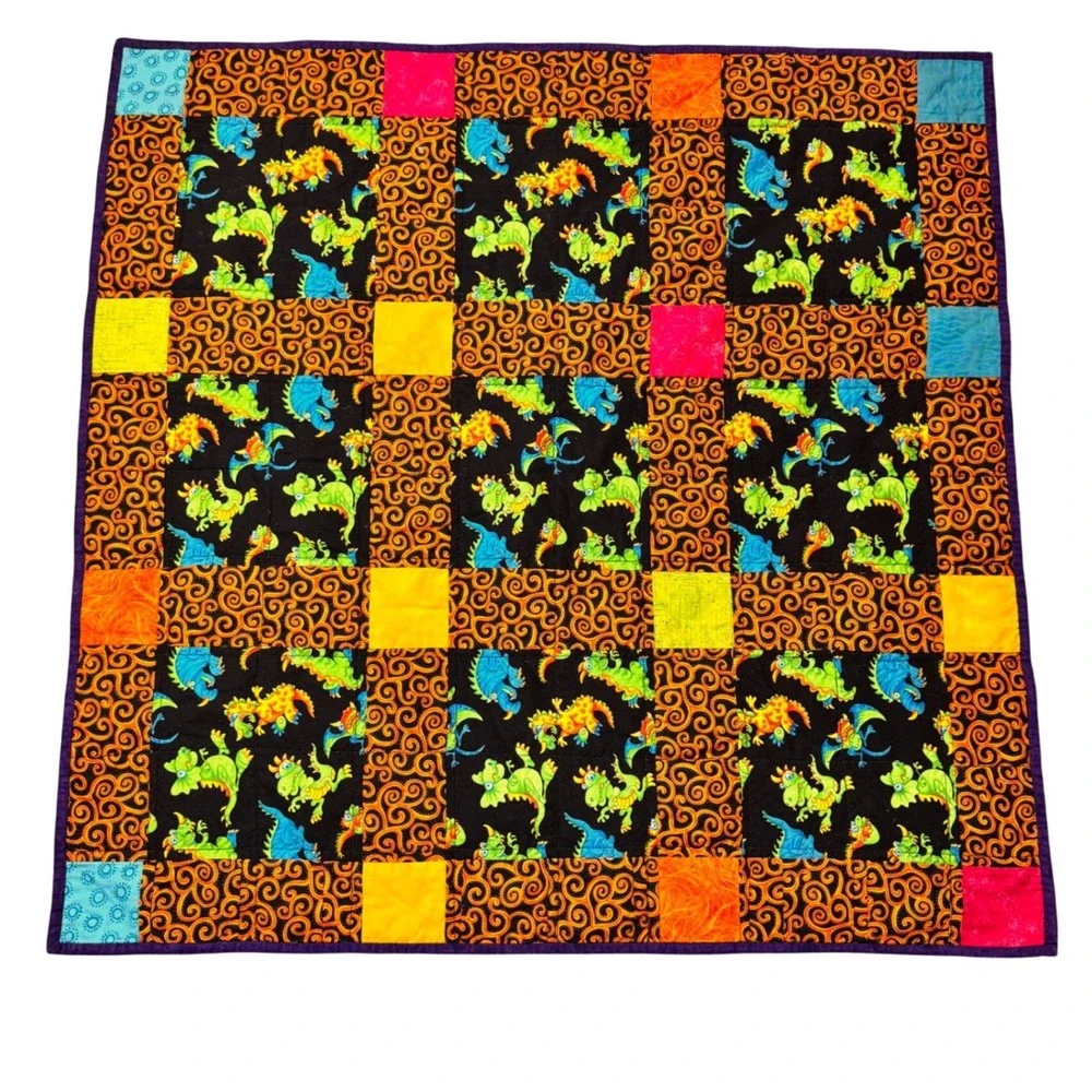 Handmade Dinosaur Patchwork Quilt Kids Square Blanket Fleece Back Purple 34x34‎